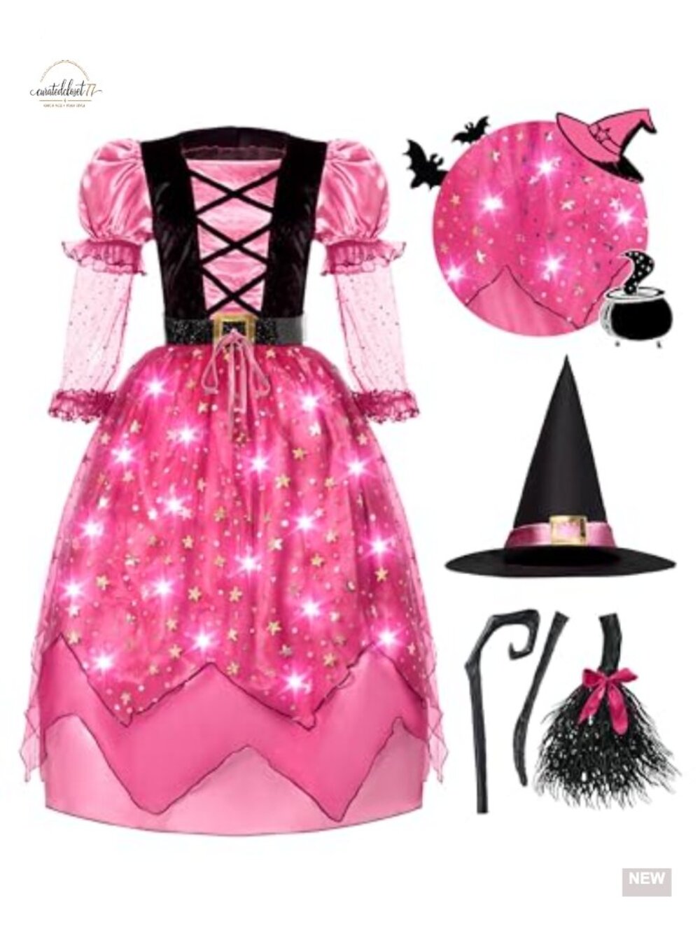 Girls Witch Costume Set Dress Belt Hat Broom Polyester Starry Dress